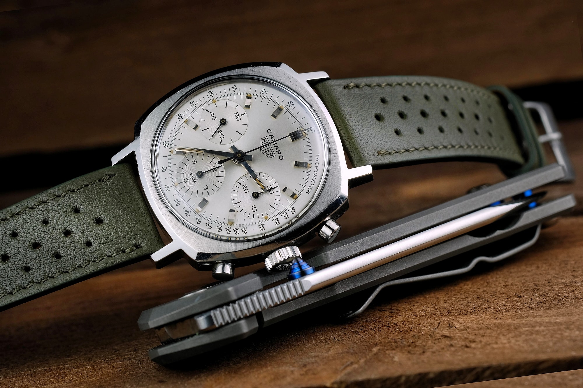 Heuer Camaro chronograph on a LUGS smooth racing khaki strap