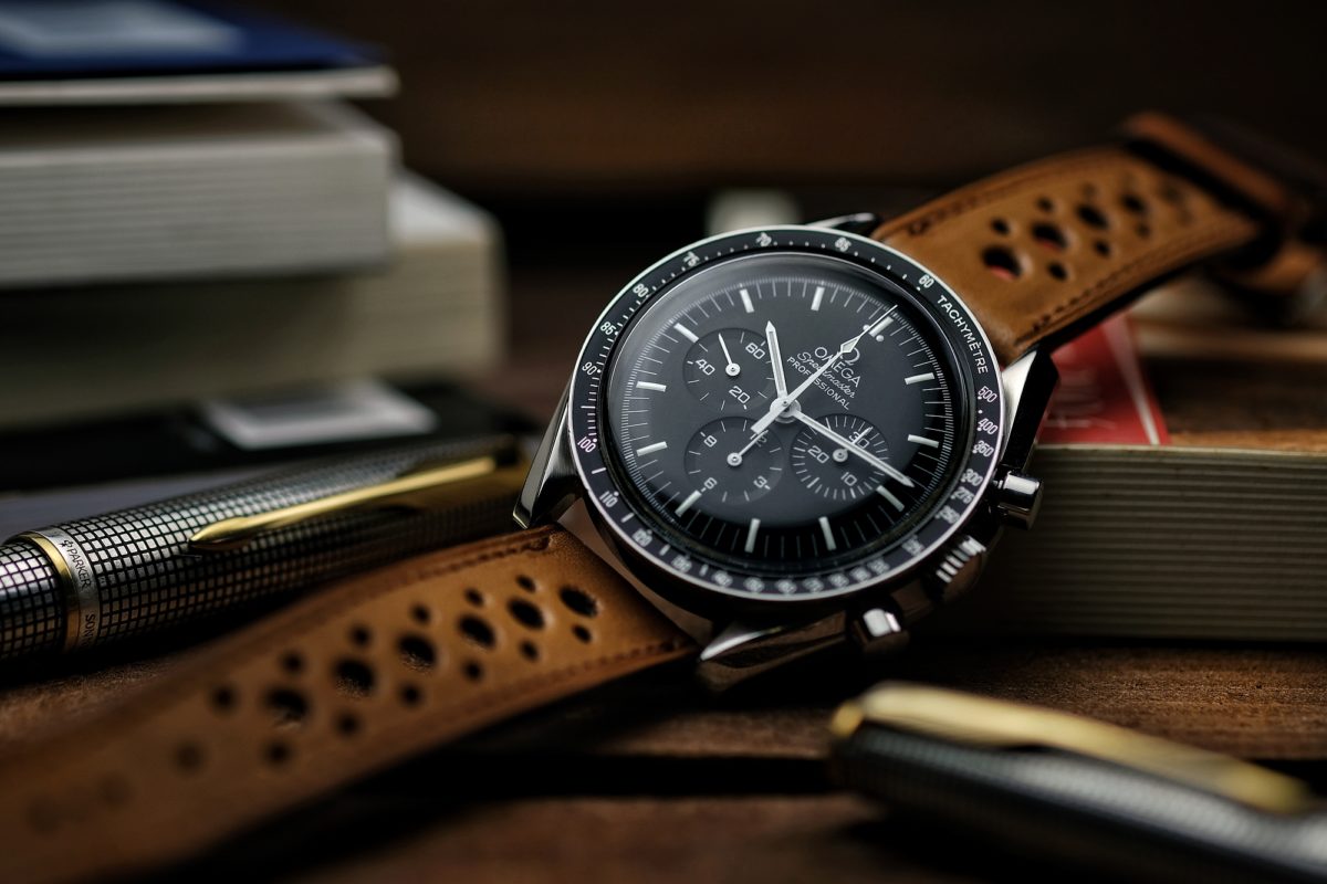 Omega speedmasster on a Rally Tan Barenia straps by LUGS