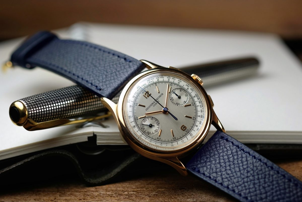 Vacheron Constantin gold vintage chronograph with a blue grained LUGS watch strap