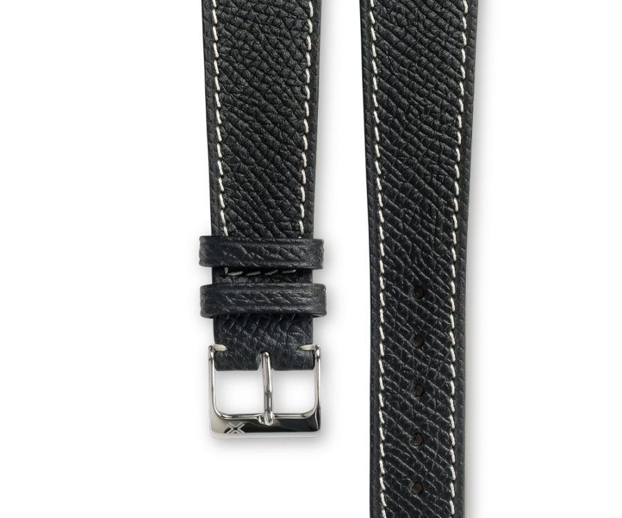 Grained classic deep black leather watch strap - cream stitching - LUGS brand