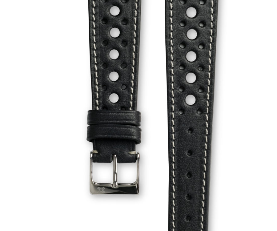 Smooth Rally Deep Black leather watch strap - cream stitching - LUGS brand