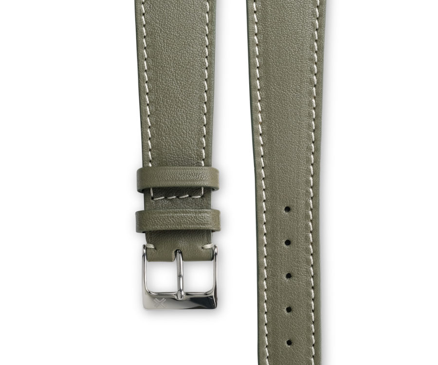 Smooth classic khaki green leather watch strap - cream stitching - LUGS brand