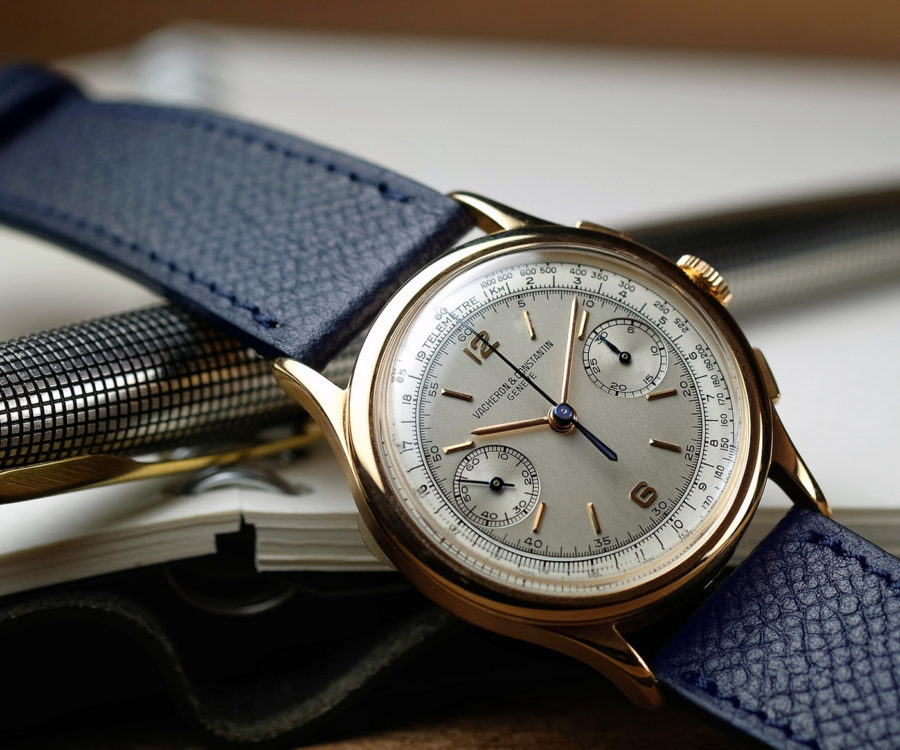 Vacheron Constantin gold vintage chronograph with a blue grained LUGS watch strap