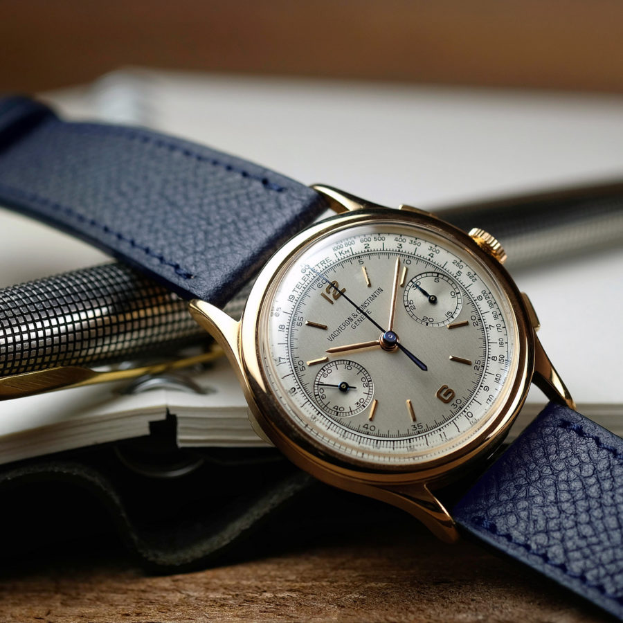 Vacheron Constantin gold vintage chronograph with a blue grained LUGS watch strap