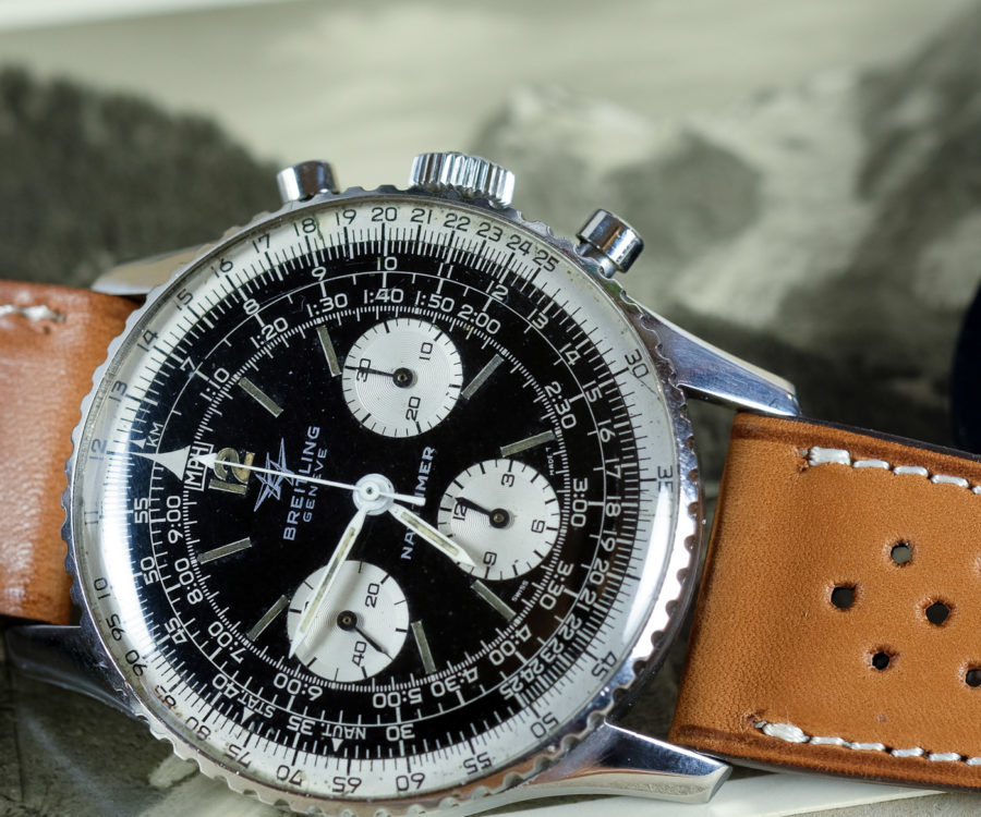 Vintage Breitling Navitimer on a leather racing tan watch straps from LUGS.shop