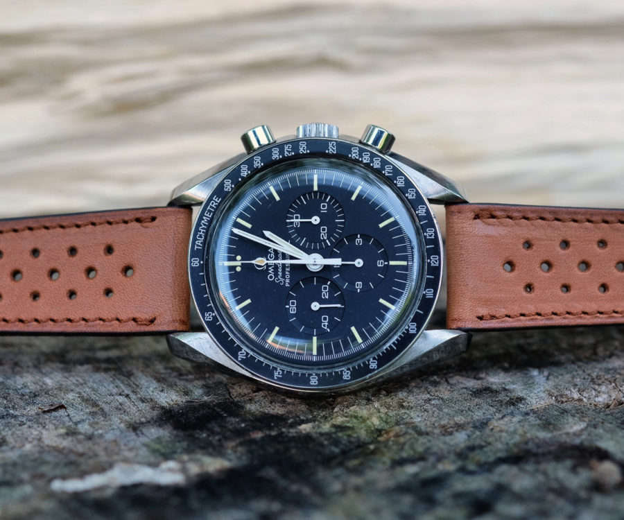 Omega vintage speedmaster on a smooth racing tan LUGS watch strap