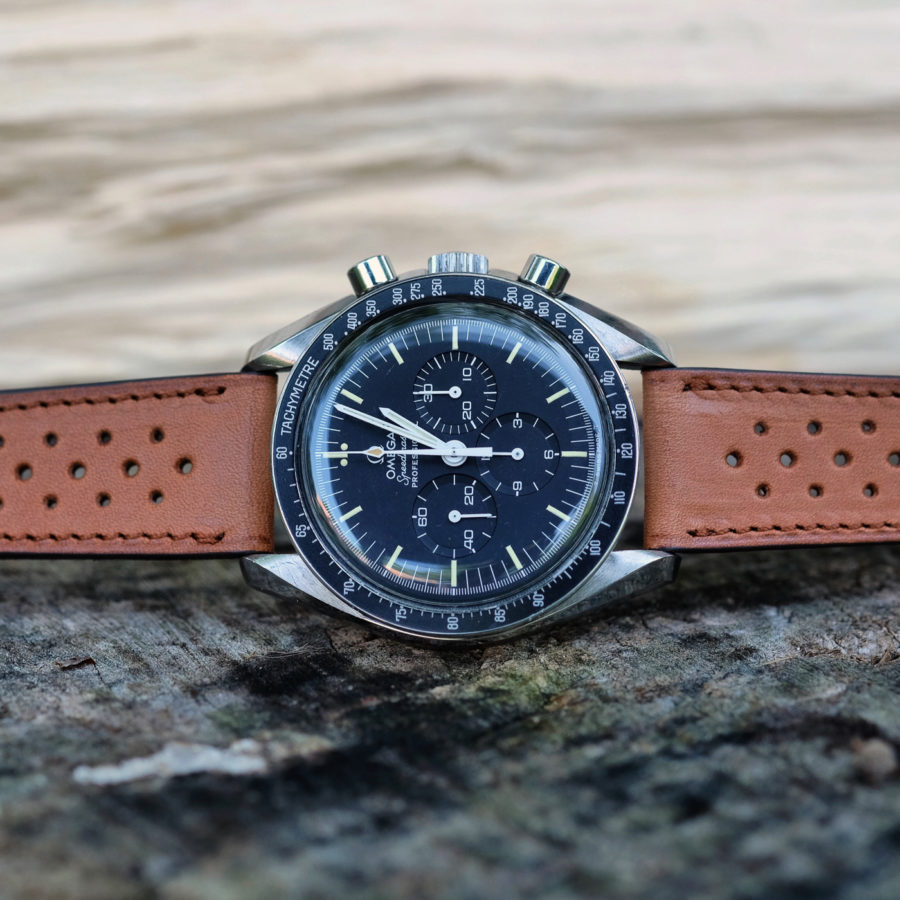 Omega vintage speedmaster on a smooth racing tan LUGS watch strap