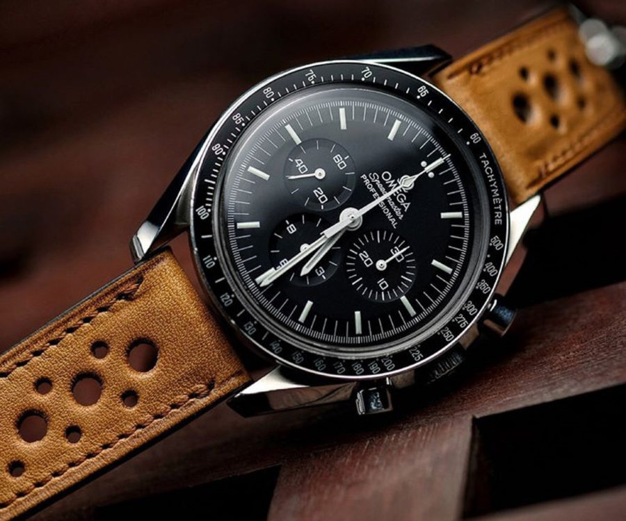 Vintage Omega speedmaster vintage with a Rally French tan LUGS watch strap.