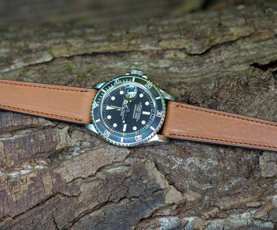 Vintage rolex submariner on a smooth French tan barenia from LUGS